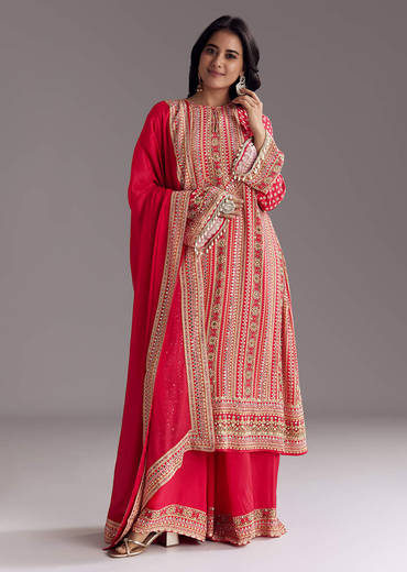 Crimson Red Printed Kurta Palazzo Set