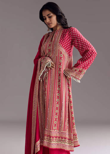 Crimson Red Printed Kurta Palazzo Set