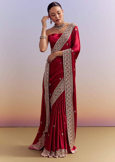 Crimson Red Satin Saree With Floral Border And Butti