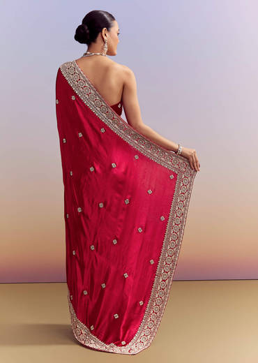 Crimson Red Satin Saree With Floral Border And Butti