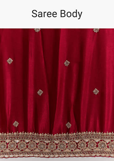 Crimson Red Satin Saree With Floral Border And Butti