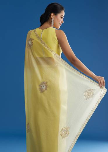 Lemon Yellow Crushed Tissue Saree With Embroidered Scallop Border