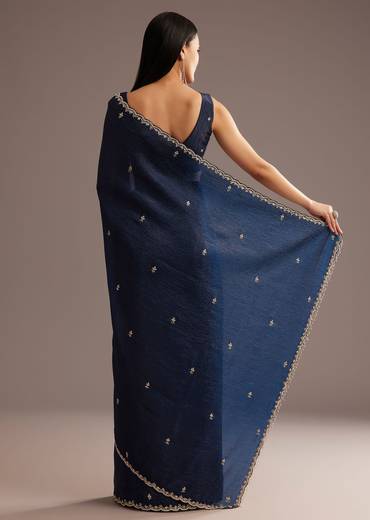 Blue Tissue Saree With Cutdana Scallop Border