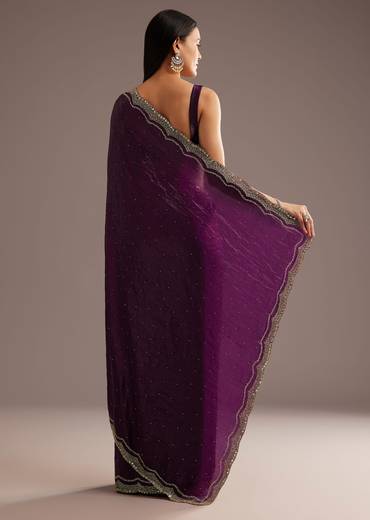 Wine Crushed Tissue Silk  Cutdana Scallop Bordered Saree