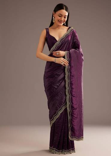 Wine Crushed Tissue Silk  Cutdana Scallop Bordered Saree