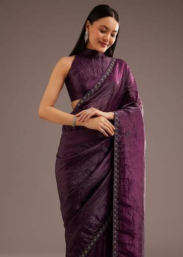 Wine Crushed Tissue Silk Saree With Cutdana Scallop Border