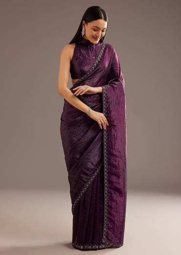 Wine Crushed Tissue Silk Saree With Cutdana Scallop Border