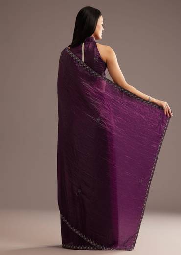 Wine Crushed Tissue Silk Saree With Cutdana Scallop Border