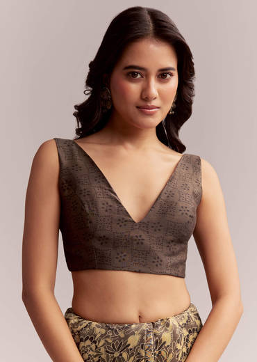 Dark Beige Linen Printed Saree With Authentic Floral Ajrakh Print