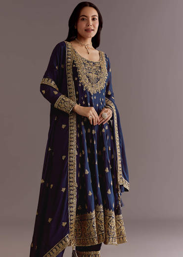 Dark Blue Chinon Zari Embroidered Anarkali Suit With Dupatta