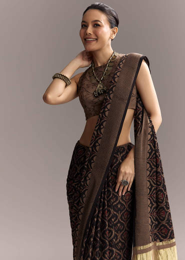 Dark Blue Linen Saree With Authentic Ajrakh Print And Golden Pallu