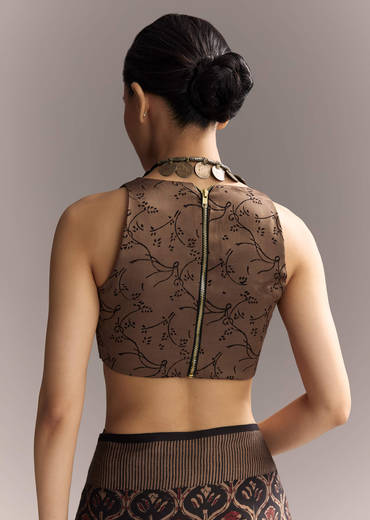 Dark Blue Linen Saree With Authentic Ajrakh Print And Golden Pallu