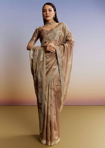 Dark Brown Jacquard Tissue Saree With Zigzag Zardosi Border