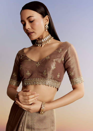 Dark Brown Jacquard Tissue Saree With Zigzag Zardosi Border