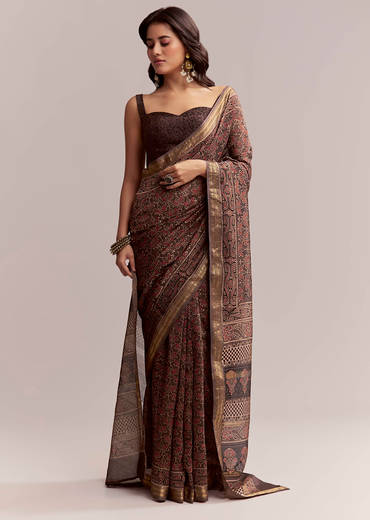 Dark Brown Linen Printed Saree With Authentic Ajrakh Print