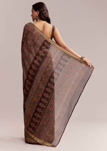 Dark Brown Linen Printed Saree With Authentic Ajrakh Print