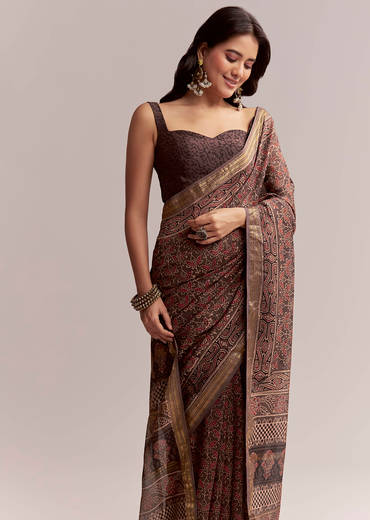Dark Brown Linen Printed Saree With Authentic Ajrakh Print