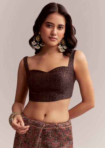 Dark Brown Linen Printed Saree With Authentic Ajrakh Print