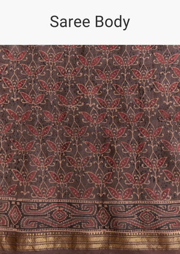 Dark Brown Linen Printed Saree With Authentic Ajrakh Print