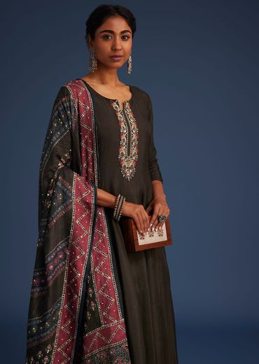 Dark Brown Silk Anarkali Set With Ajrakh Print Dupatta