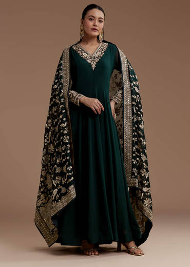 Dark Green Anarkali Set with Sequin Work