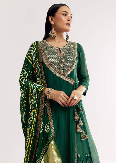Dark Green Angrakha Kurta Set With Bandhani Dupatta