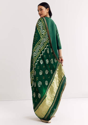 Dark Green Angrakha Kurta Set With Bandhani Dupatta