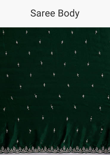 Dark Green Chinon Embroidered Saree With Intricate Hand Embroidery