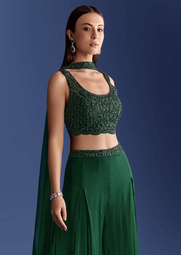 Dark Green Chinon Palazzo Set With Cutdana Croptop And Choker Dupatta