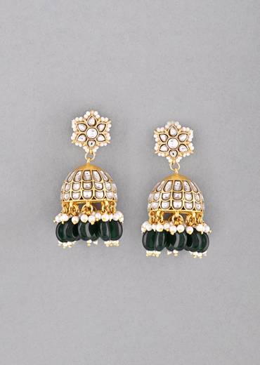 Earrings In Dark Green With Pachi Kundan