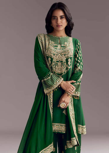 Dark Green Printed Crepe Palazzo Set With Keyhole Neckline