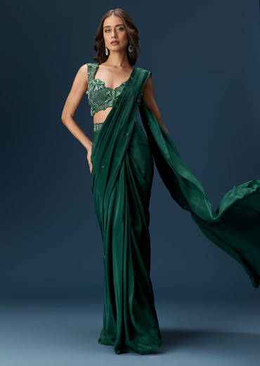 Dark Green Ready Pleated Saree With Embellished Blouse
