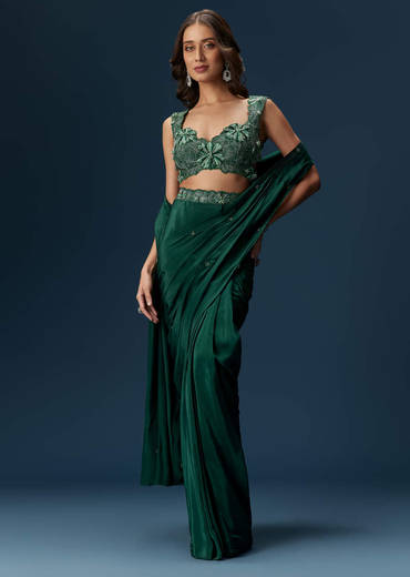 Dark Green Ready Pleated Saree With Embellished Blouse