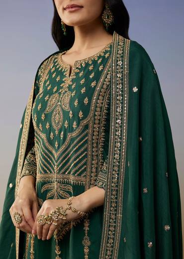 Dark Green Silk Palazzo Suits with Zari Thread Sequins Work