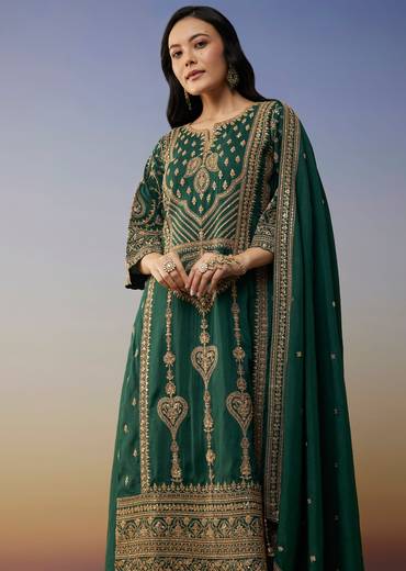Dark Green Silk Palazzo Suits with Zari Thread Sequins Work