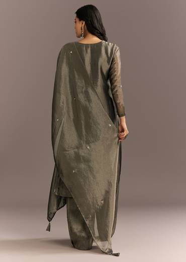 Dark Grey Tissue Kurta Pant Set With Butti Dupatta
