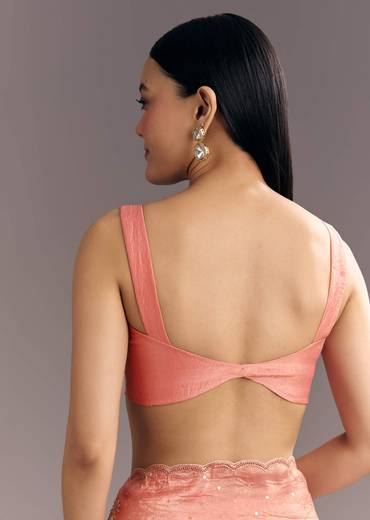 Dark Peach Crushed Tissue Embroidered Saree With Scallop Border