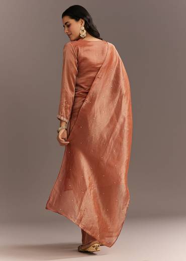 Dark Peach Organza Tissue Kurta Pant With Embroidered Dupatta