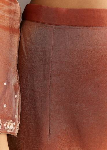 Dark Peach Organza Tissue Kurta Pant With Embroidered Dupatta