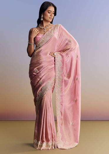 Dark Peach Tissue Saree With Gota Patti Embroidery