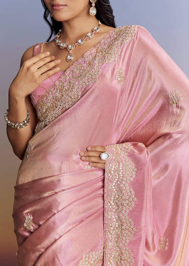 Dark Peach Tissue Saree With Gota Patti Embroidery