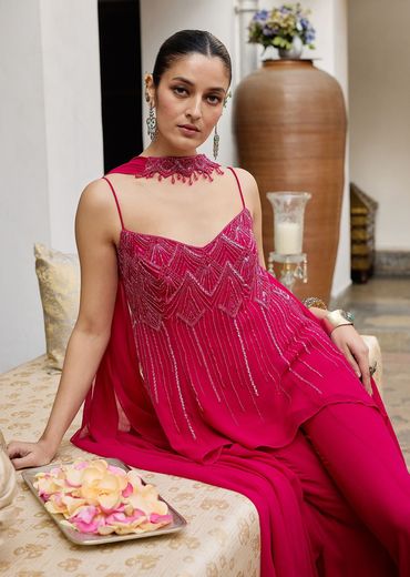 Dark Pink Georgette Sharara Set With Embroidered Kurta And Choker Dupatta