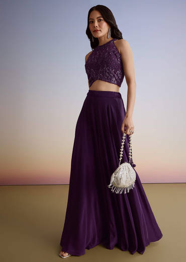 Dark Plum Purple Crepe Croptop Palazzo Suit With Cutdana Sequin Embroidery