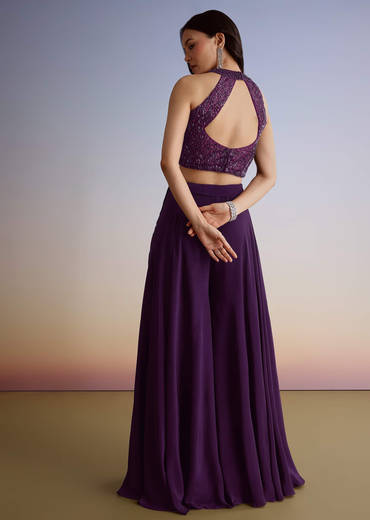 Dark Plum Purple Crepe Croptop Palazzo Suit With Cutdana Sequin Embroidery