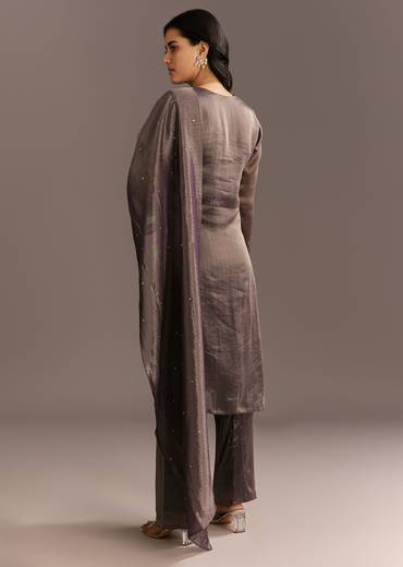 Dark Purple Organza Tissue Embroidered Kurta Pant With Embroidered Dupatta