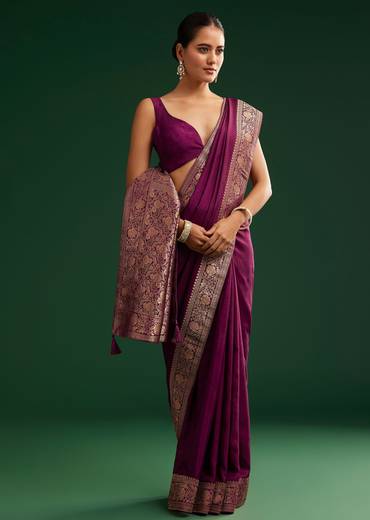 Dark Wine Dola Silk Saree With Zari Border And Pallu