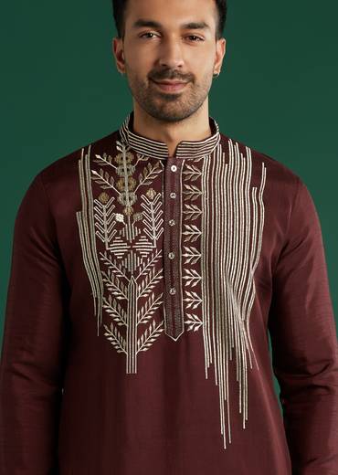 Deep Maroon Silk Kurta Set For Men With Gota Work