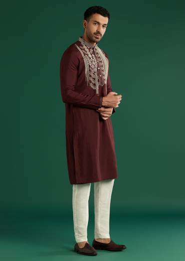 Deep Maroon Silk Kurta Set For Men With Gota Work