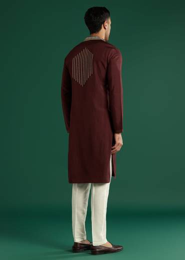 Deep Maroon Silk Kurta Set For Men With Gota Work