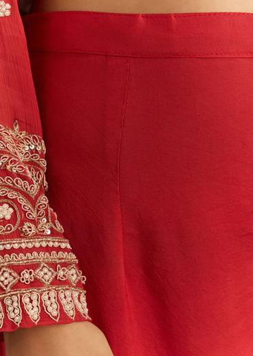 Deep Orange Chinon Kurta With Zardosi Sleeves And Butti Dupatta